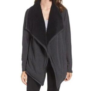 UGG Brand Faux Shearling Wrap Cardigan Sweater Gray & Black Oversized Small